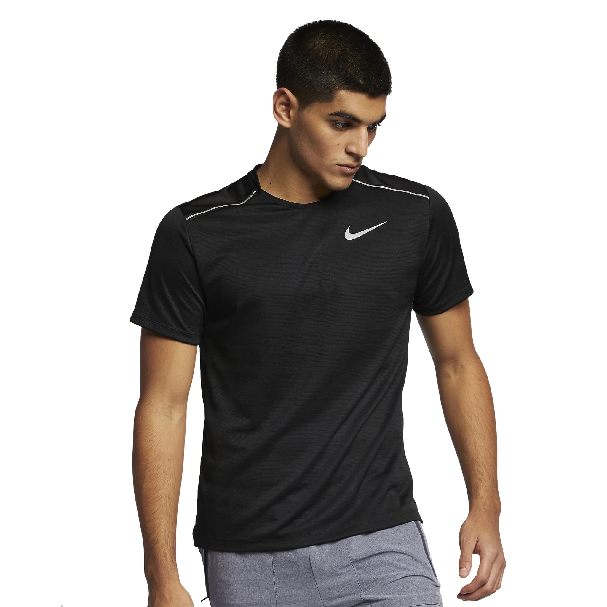 Model front view of Nike Dri-FIT 1.0 Black Miler Running T Shirt AJ7565-010